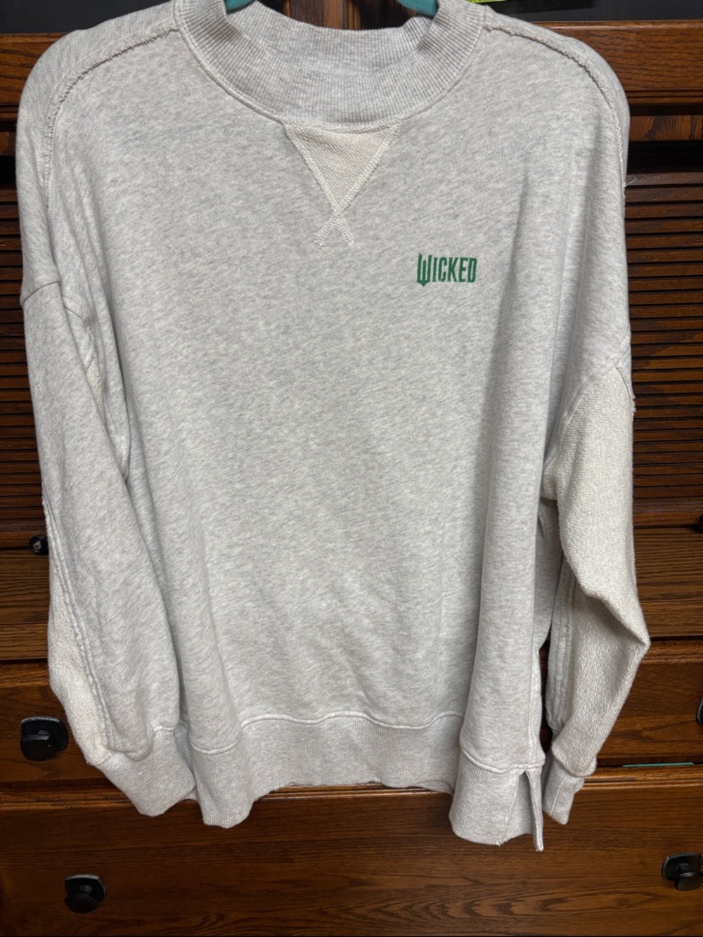 Aerie Lt Gray Sweatshirt, Green "Wicked" Embroidery + design on back, XXS